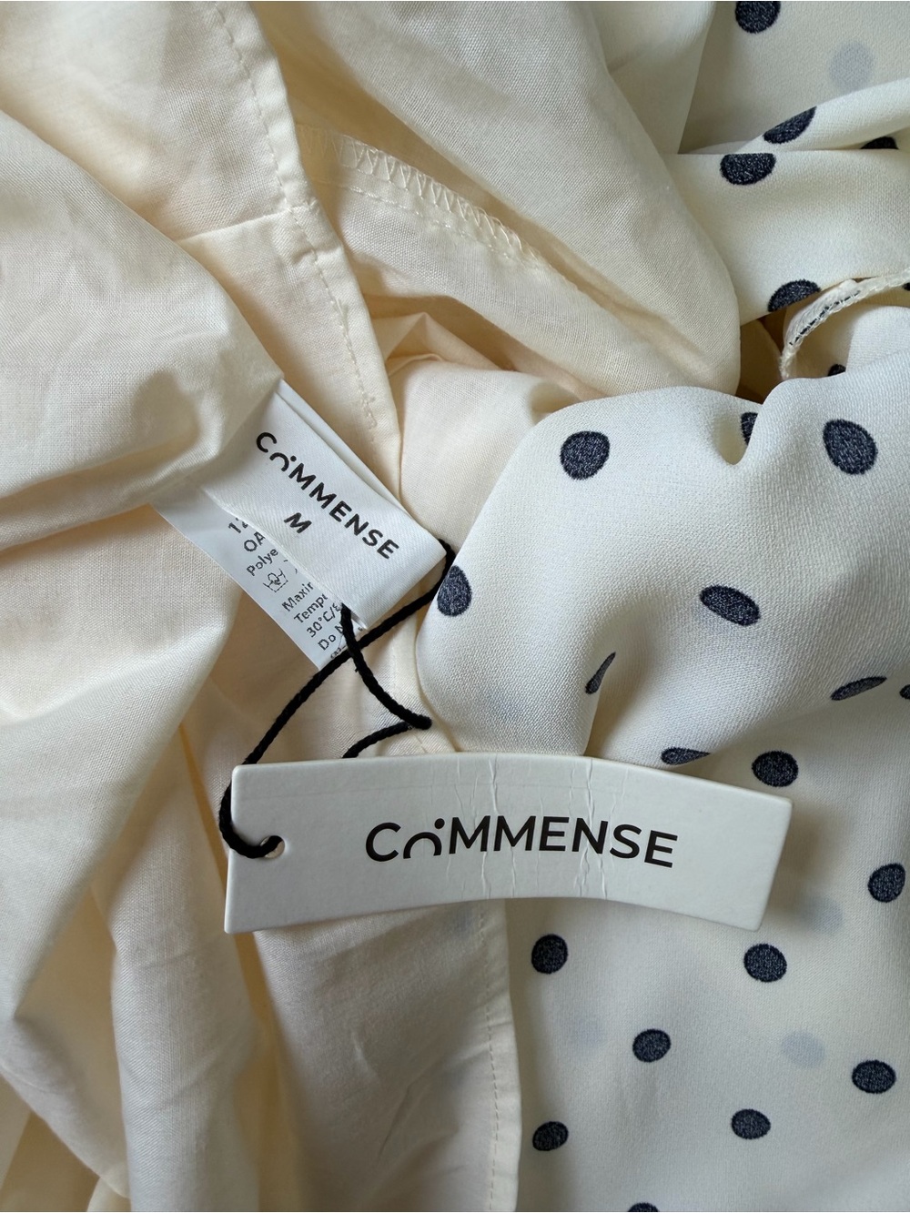 Commense Satin Polka Dot Ruched Mini Dress Cream Black Medium NWT Sleeveless - Picture 7 of 9